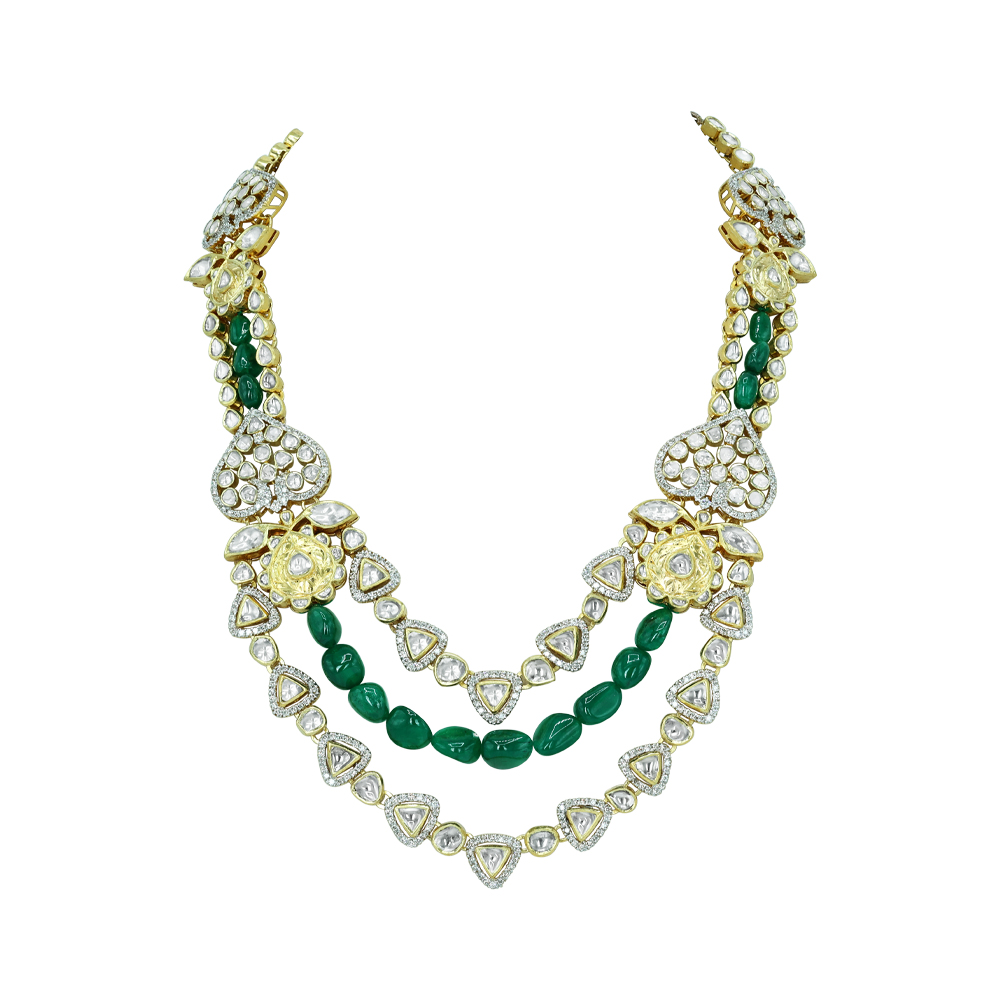 Layered Polki Necklace with Emerald Maniya and Floral Motifs